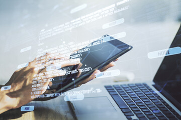 Aufkleber - Multi exposure of abstract programming language hologram and hand working with a digital tablet on background, artificial intelligence and machine learning concept