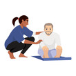 © lioputra - Physiotherapist or rehabilitologist doctor rehabilitates elderly patient. Vector flat cartoon illustration. Physiotherapy rehab, injury recovery and healthcare concept.