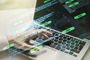Poster - Multi exposure of abstract creative coding sketch and hands typing on computer keyboard on background, artificial intelligence and neural networks concept