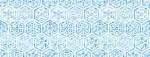 Seamless Moroccan Pattern. Hexagon Vintage Tile. Blue And White Watercolor Ornament Painted With Paint On Paper. Handmade. Print For Textiles. Seth Grunge Texture.