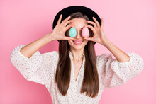Photo Of Adorable Funny Young Woman Dressed White Clothes Cap Easter Eggs Cover Eyes Isolated Pink Color Background