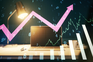 Aufkleber - Multi exposure of abstract creative financial graph with upward arrow on modern laptop background, forex and investment concept