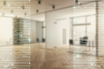 Poster - Abstract virtual micro circuit sketch on a modern furnished office interior background, future technology and AI concept. Double exposure