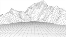 Illustrator Landscape. Wireframe 3D Landscape Mountains. 3d Landscape. Digital Retro Landscape Cyber Surface. Vector Illustration.	