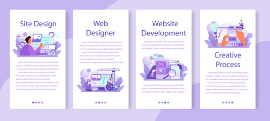 Poster - Web site design mobile application banner set. Presenting content