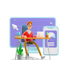 Wall Mural - 3d illustration. Nerd Larry with interface. Workspace concept.