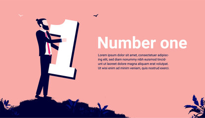 Aufkleber - Number one in business - Man holding the letter 1, with copy space for text. Success and winning concept. Vector illustration.