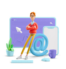 Sticker - 3d illustration. Nerd Larry with interface. Social media concept.