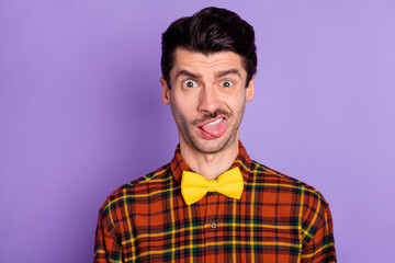 Poster - Portrait of attractive brunet funky guy wearing checked shirt grimacing dislike reaction isolated over violet purple color background