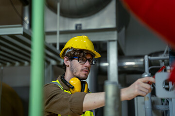 Poster - Mechanical maintenance technician inspecting pressure gauge of heating system in heating plant.
