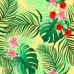 Naklejka na meble Exotic tropical pattern with strelizia, hibiscus, palm leaves. Summer vector background for fabric, cover,print design.