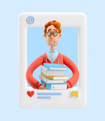 Sticker - 3d illustration. Social media concept. Nerd Larry with book.