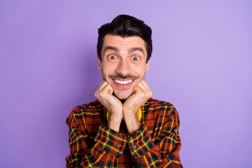 Sticker - Photo of cheerful positive guy toothy beaming smile hands cheeks wear bow tie plaid shirt isolated purple background