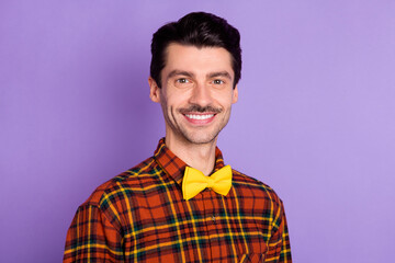 Wall Mural - Photo of nice attractive young man dressed checkered shirt smiling isolated purple color background