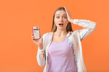 Sticker - Surprised woman with calculator on color background