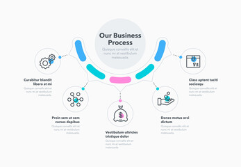 Simple concept for business process diagram with five steps and place for your description. Flat infographic design template for website or presentation.