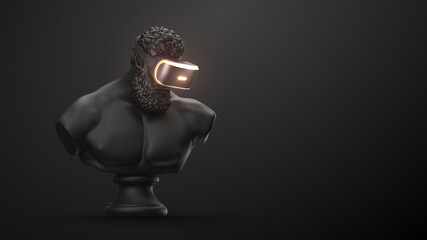 VR headset with neon light, future technology concept banner. 3d render of the statue, man wearing virtual reality glasses on black background. VR games. Thanks for watching