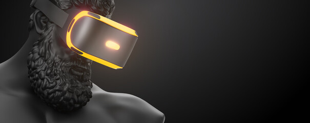Wall Mural - vr headset with neon light, future technology concept banner. 3d render of the statue, man wearing v