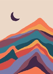 Abstract landscape poster in pastel colors. Contemporary art, boho print with moon mountains in vector