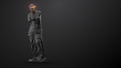 Wall Mural - vr headset with neon light, future technology concept banner. 3d render of the statue, woman wearing