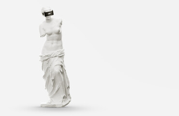 Wall Mural - vr headset, future technology concept banner. 3d render of the white statue, woman wearing virtual r