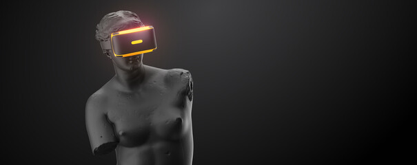 Wall Mural - vr headset with neon light, future technology concept banner. 3d render of the statue, woman wearing