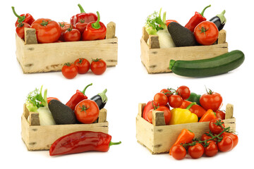 Wall Mural - assorted vegetables in a wooden crate on a white background