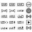 Set of live streaming icons. Black outline symbols and buttons of live streaming, broadcasting, online stream, online webinar. Lower third template for tv, shows, movies and live performances