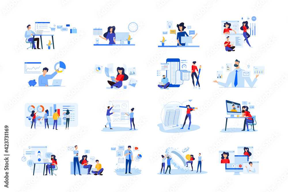 Set of modern flat design people icons  of business analytics and planning, video and conference call, business app, seo, market research, online support, accounting, data analysis, teamwork. - obrazy, fototapety, plakaty 