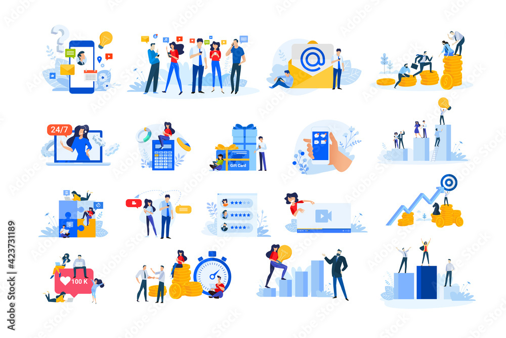 Set of modern flat design people icons. Vector illustration concepts of investment, business success, social network, Internet advertising, finance, live streaming, communication, star rating.   - obrazy, fototapety, plakaty 