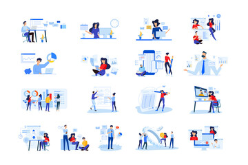 Wall Mural - Set of modern flat design people icons  of business analytics and planning, video and conference call, business app, seo, market research, online support, accounting, data analysis, teamwork.