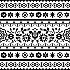 Wall Mural - Polish folk art vector seamless embroidery retro pattern with flowers inspired by embroidery designs Lachy Sadeckie - black and white textile or fabric print ornament
