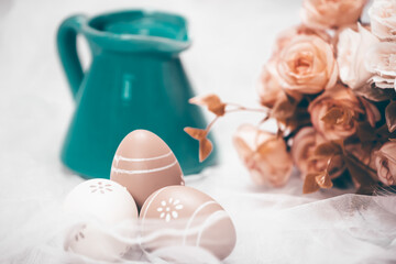 Colorful easter eggs in pastel colors with copy space.