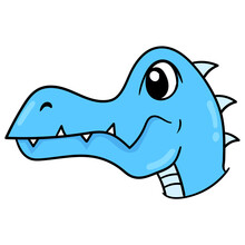 A Blue Crocodile Head With Sharp Teeth Visible From The Side. Doodle Icon Drawing