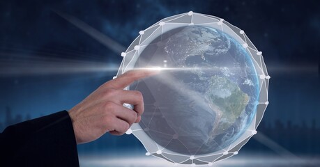 Poster - Composition of man touching globe with network of connections on blue background