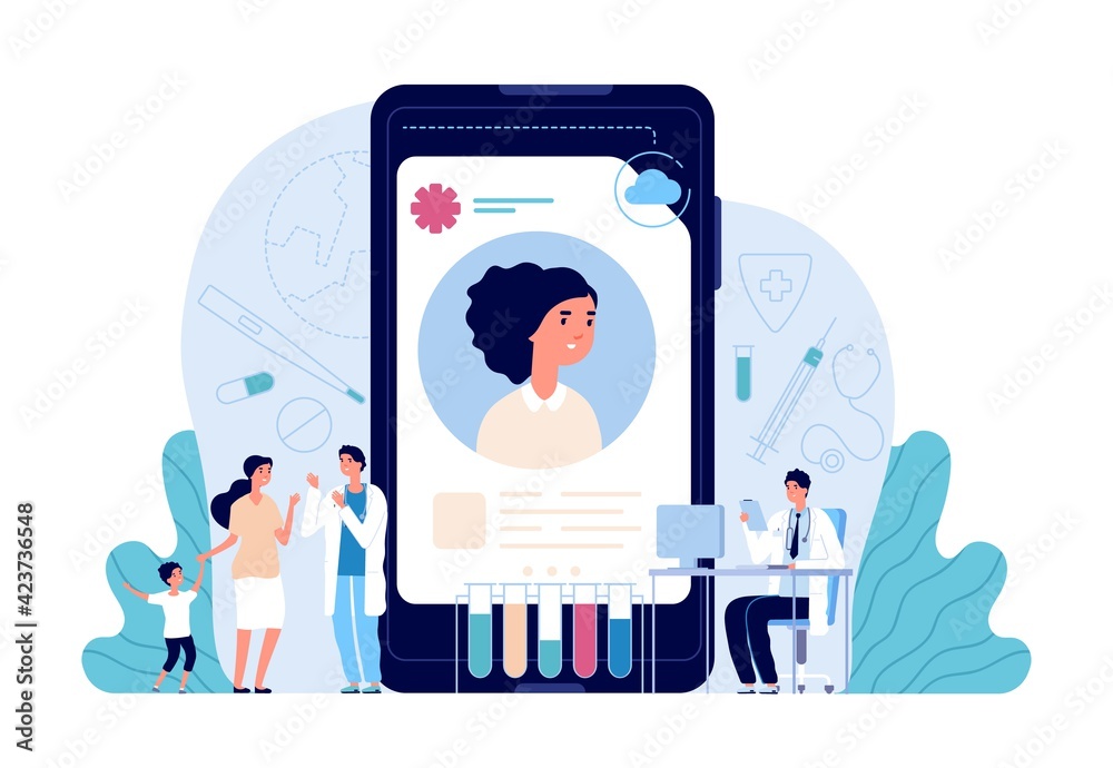 Electronic healthcare. Patient health record, doctor helping people. Ehr, computer medical personal profile or prescription utter vector concept - obrazy, fototapety, plakaty 