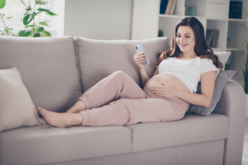 Sticker - Full size photo of young beautiful lovely happy positive smiling pregnant woman lying on coach browsing in smartphone at home