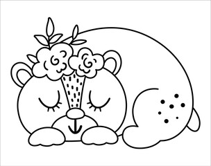 Wall Mural - Vector black and white sleeping bear with flowers on the head. Cute bohemian style woodland animal line icon isolated on white background. Sweet boho forest illustration for card or print design..