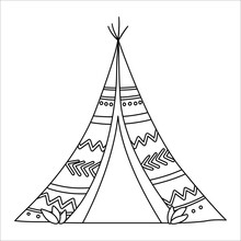 Vector Black And White Boho Wigwam. Bohemian Teepee Line Icon Isolated On White Background. Contour Native American Hut Illustration..