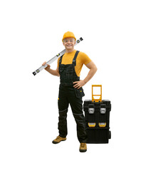 Wall Mural - worker handyman repairman or builder with construction spirit level and tool-box