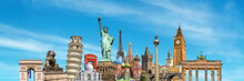 World Landmarks And Famous Monuments Panoramic Collage On Blue Sky Background