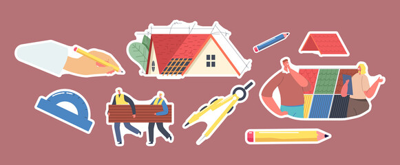 Wall Mural - Set Stickers Roof Design Theme. Hand Drawing Project with Pencil, Roofers Carry Tiling, Client Character Choose Design