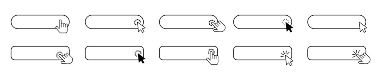 Fototapete - Set of web buttons with cursor and hand clicking. Linear button set with pointers. Vector collection