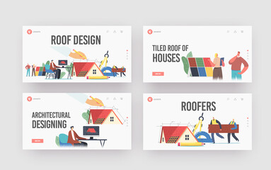 Poster - Characters Projecting Roof Design for Cottage House Landing Page Template Set. Designer Work on Pc Engineering Roof