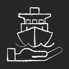 Poster - Marine insurance chalk white icon on black background. Transport damages and losses coverage. Ships, vessels, cargo. Protection from marine navigation risks. Isolated vector chalkboard illustration