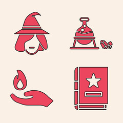 Sticker - Set Ancient magic book, Witch, Witch cauldron and magic stone and Hand holding a fire icon. Vector