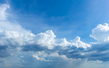 Wall Mural - Abstract white fluffy clouds and  Blue sky in sunny day background.Natural Celestial World  concept with blue sky and clouds  Use as background.