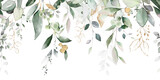Fototapeta  - watercolor botanic, Leaf and buds. Seamless herbal composition for wedding or greeting card. Spring Border with leaves eucalyptus