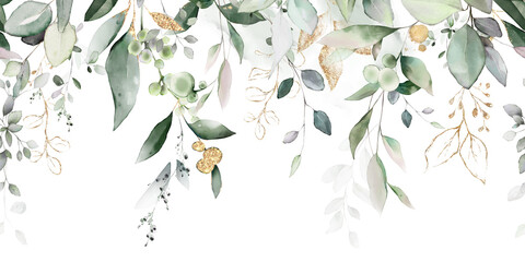 Naklejka na meble watercolor botanic, Leaf and buds. Seamless herbal composition for wedding or greeting card. Spring Border with leaves eucalyptus