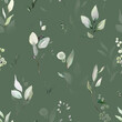 © lisima - Seamless pattern with spring  leaves, herbs, eucalyptus . Hand drawn background.   green pattern for wallpaper or fabric.  Botanic Tile.